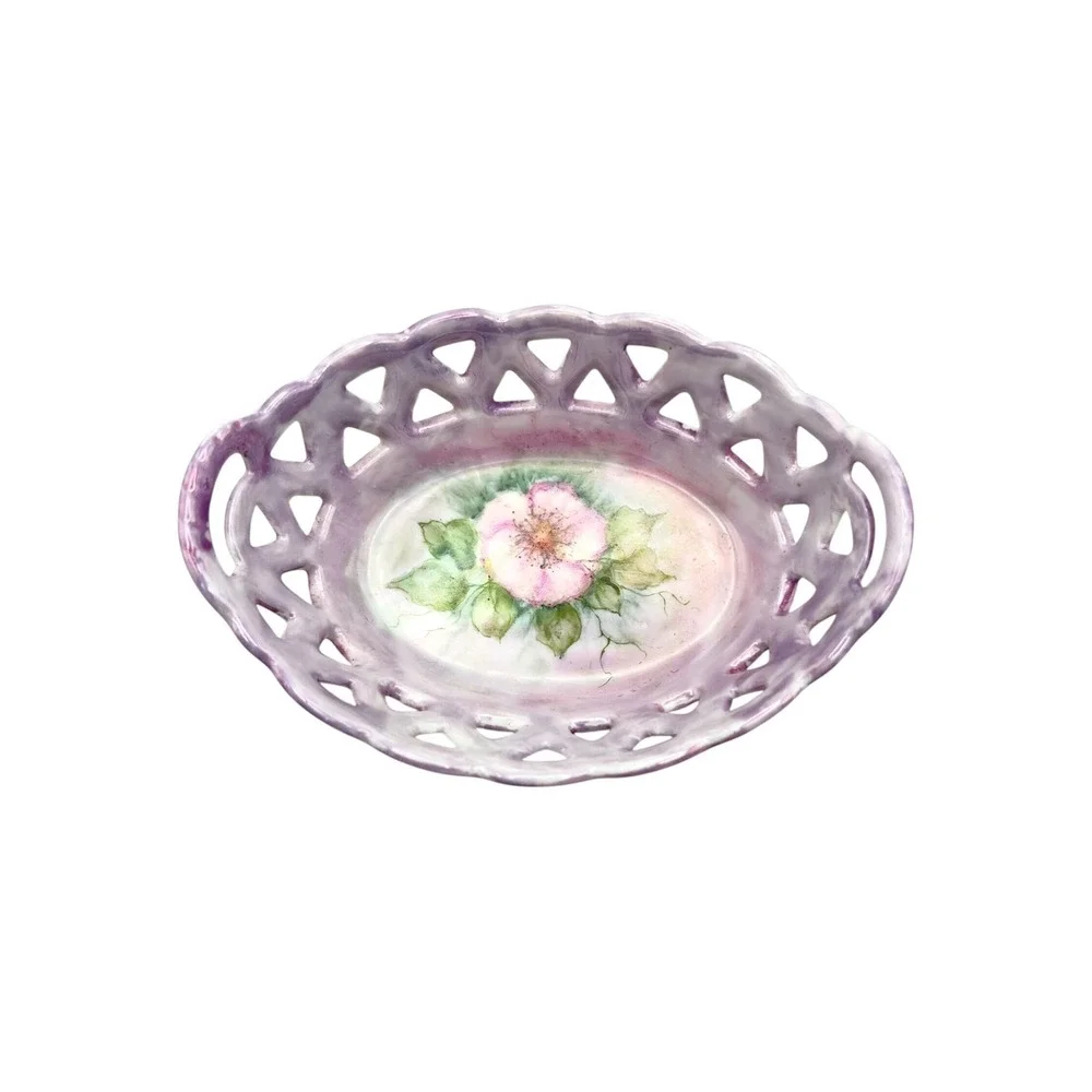 Vintage Lavender Porcelain Reticulated Basket Dish Hand Painted Pink Wild Rose